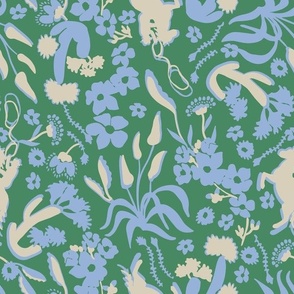 SMALL WESTERN CHINTZ BOTANICAL FLORAL CATCUS FLOWERS, LEAVES, COWBOY BRIGHT EMERALD GREEN BASE-CORNFLOWER BLUE+WHITE