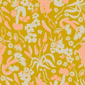 SMALL WESTERN CHINTZ BOTANICAL FLORAL CATCUS FLOWERS, LEAVES, COWBOY GOLD YELLOW BASE-BRIGHT CORAL PINK+WHITE