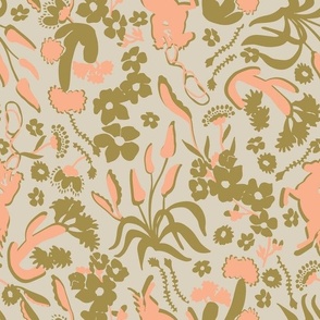 SMALL WESTERN CHINTZ BOTANICAL FLORAL CATCUS FLOWERS, LEAVES, COWBOY LIGHT WHITE BASE-BRIGHT CORAL PINK+SAGE KHAKI GREEN