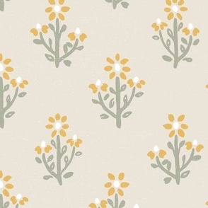 Beige green and yellow flower block print wallpaper with subtle texture