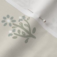 Beige green and blue flower block print wallpaper with subtle texture
