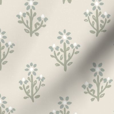 Beige green and blue flower block print wallpaper with subtle texture