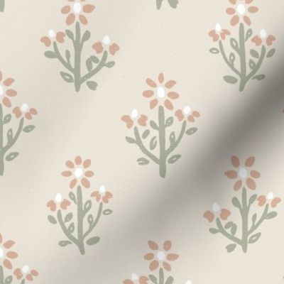 Beige green and peach pink flower block print wallpaper with subtle texture