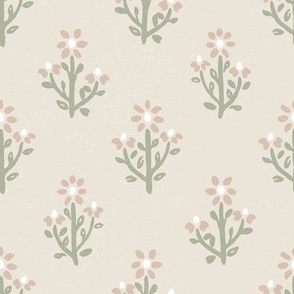 Beige green and pink flower block print wallpaper with subtle texture