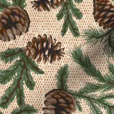 pinecones in evergreen and mahogany