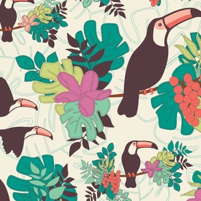 Toucans and Tropical flowers and Jungle - Jumbo scale - Ivory background