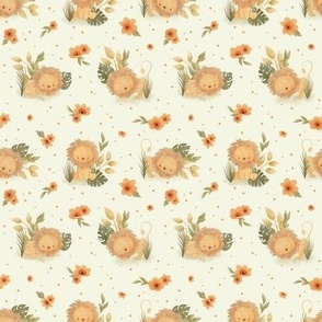 small - Cute lions with orange jungle flowers on beige