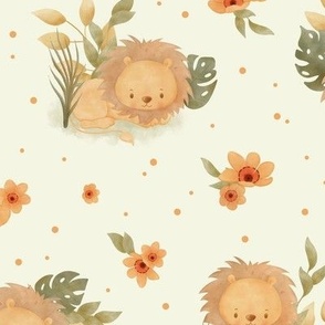 large - Cute lions with orange jungle flowers on beige