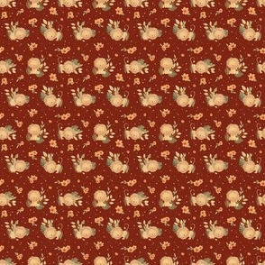micro - Cute lions with orange jungle flowers on burgundy
