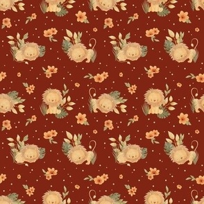 small - Cute lions with orange jungle flowers on burgundy