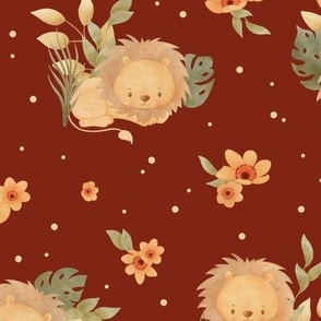 large - Cute lions with orange jungle flowers on burgundy
