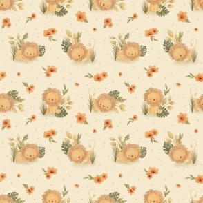 small - Cute lions with orange jungle flowers on cream