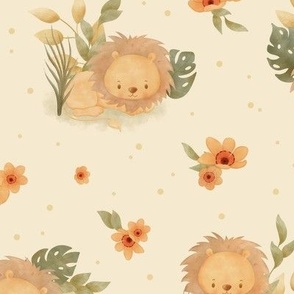 large - Cute lions with orange jungle flowers on cream