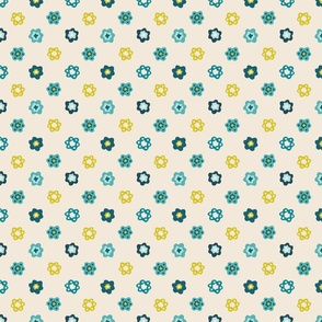 Colorful Medallion Flowers Grid - Small Scale coordinate print -  Turquoise, Navy and Yellow Abstract Floral - Ivory Background