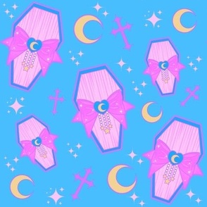 Pastel Pink Coffins With Bows, Moons, and Crosses, Blue Colorway