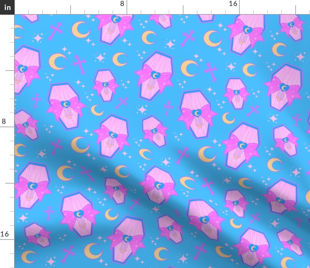 Pastel Pink Coffins With Bows, Moons, and Crosses, Blue Colorway