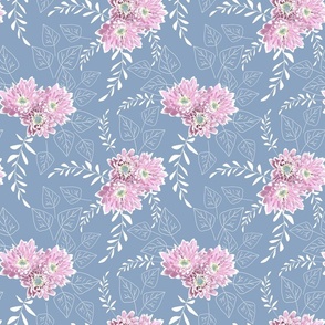 Pink flowers with white leaves on a muted blue background.