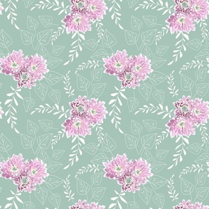 Pink flowers with white leaves on a light green background.