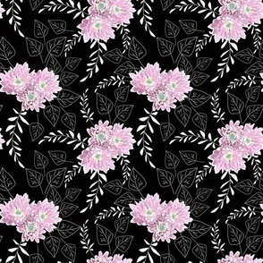 Pink flowers with white leaves on a black background.