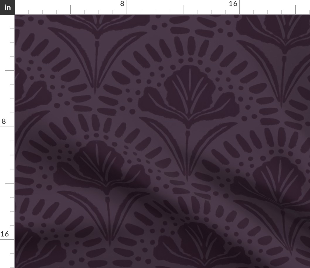 (L) Moody Maximalist Purple Iris Floral Scallop Block Print Large 