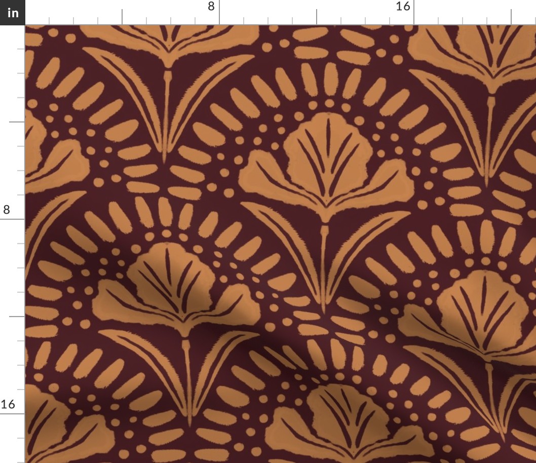 (L) Dramatic Dark Burgundy Red and Rich Ochre Iris Floral Scallop Block Print Large 