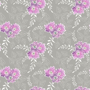 Pink, lilac flowers with white leaves on a gray background.