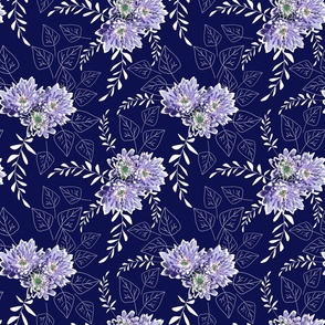 Lilac flowers with white leaves on a dark blue background.