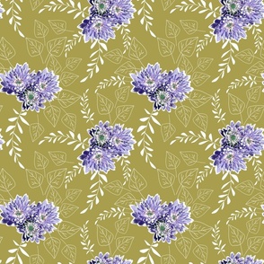 Lilac flowers with white leaves on a mustard background.