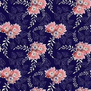 Coral flowers with white leaves on a dark blue background.