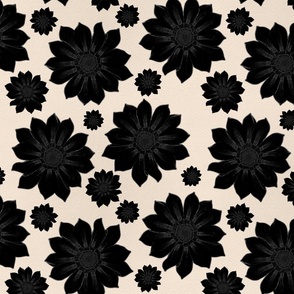 Dark Moody Floral Block Print - Black Flowers on Cream
