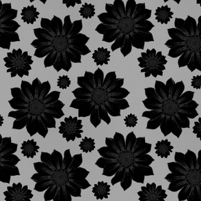 Dark Moody Floral Block Print - Black Flowers on Gray