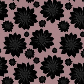 Dark Moody Floral Block Print - Black Flowers on Mauve