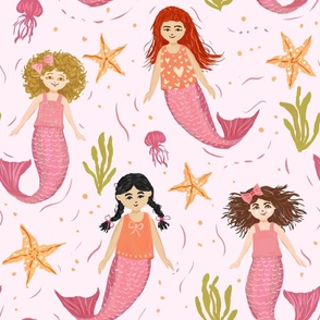 24" Cute Memaid Girls and Sea Life - Pink