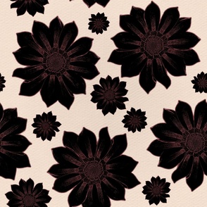 Dark Moody Floral Block Print - Black Linoprint Flowers on Cream , Large