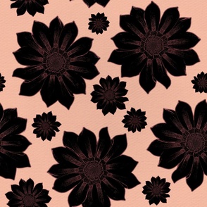 Dark Moody Floral Block Print - Black Linoprint Flowers on Peach , Large
