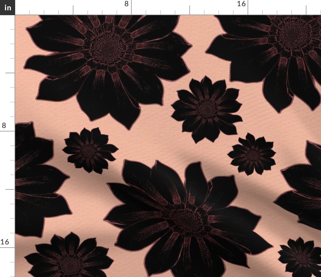 Dark Moody Floral Block Print - Black Linoprint Flowers on Peach , Large