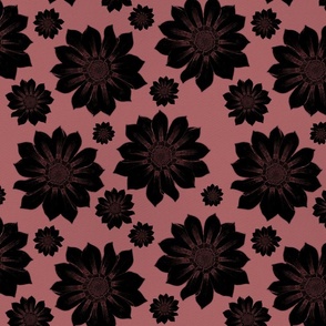 Dark Moody Floral Block Print - Black Linoprint Flowers on Rose Pink , Large