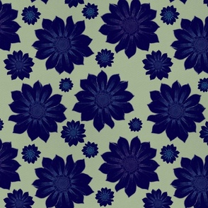 Dark Moody Floral Block Print - Blue Linoprint Flowers on Green