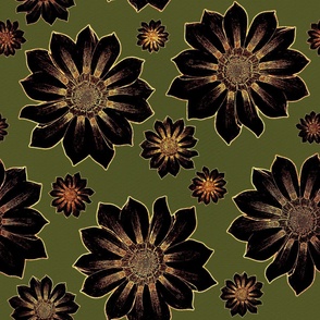 Vibrant Dark Floral with Gold Texture - Black Gold Green, Large