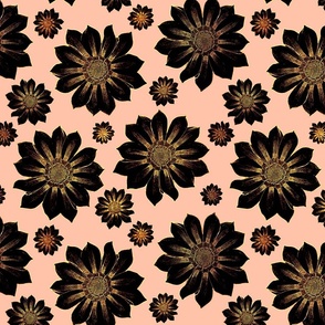 Vibrant Dark Floral with Gold Texture - Black Gold Peach