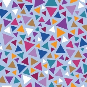 Vector artwork colourful triangle tiles in a mosaic formation on a light blue background.