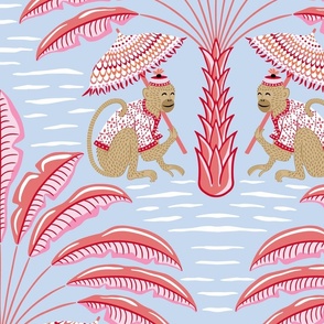 tropical playful monkeys/pink and coral on blue/jumbo