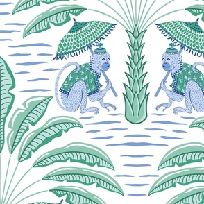 tropical playful monkeys/blue and green on white/jumbo