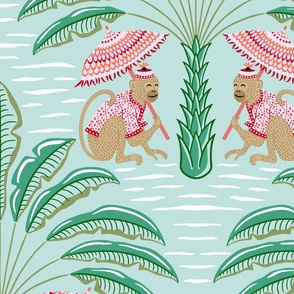 tropical playful monkeys/coral and green on mint/jumbo