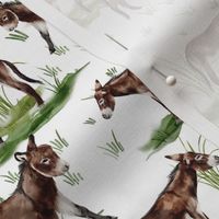 Small -  Enchanting Watercolor Artistry: Farmyard Scenes Evoked Through Hand-Painted Patterns Featuring  Donkey and horses, pony and Rural Life on white background