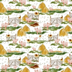 Medium - Enchanting Watercolor Artistry: Farmyard Scenes Evoked Through Hand-Painted Patterns Featuring  pigs and piglets, in a green wildflowers meadow -  Rural Life on white background