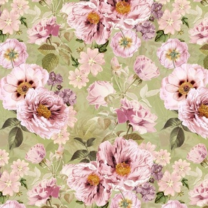 Vintage Summer Romanticism: Maximalism Moody Florals - Antiqued pink Peonies and Nostalgic Antique Botany Wallpaper and Victorian Goth Mystic inspired for powder room - apple spring green