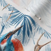 Watercolor kingfisher birds and leaves | blue