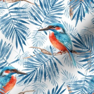 Watercolor kingfisher birds and leaves | blue