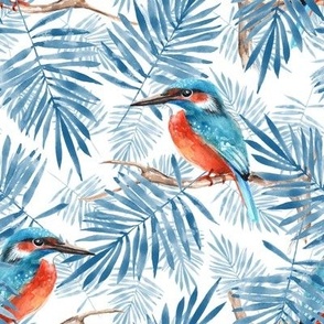 Watercolor kingfisher birds and leaves | blue